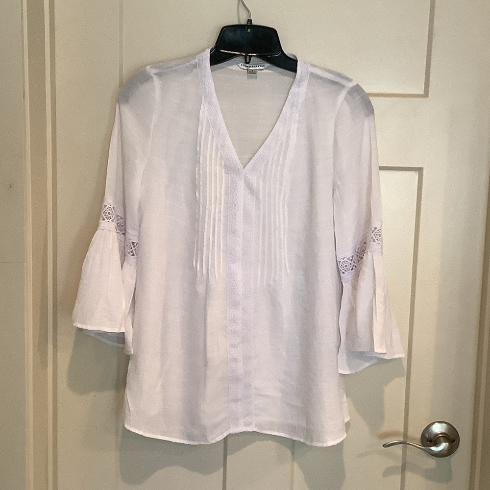 Counterparts White V-Neck Pintuck Blouse with Lace Bell Sleeves